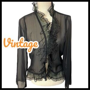 Vintage Top Season Black Sheer Organza Lace Ruffle Trim Open Front Top (S/M)